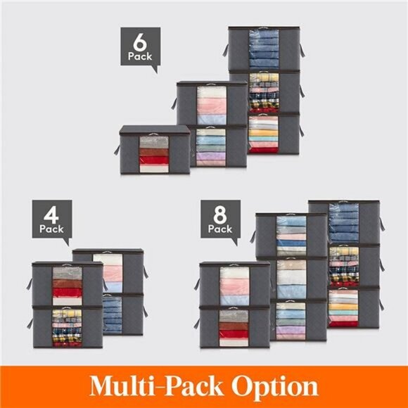 6-Pack Clothes Storage Bag, Storage Bins with Reinforced Handle, 60L, Grey - Picture 3 of 6